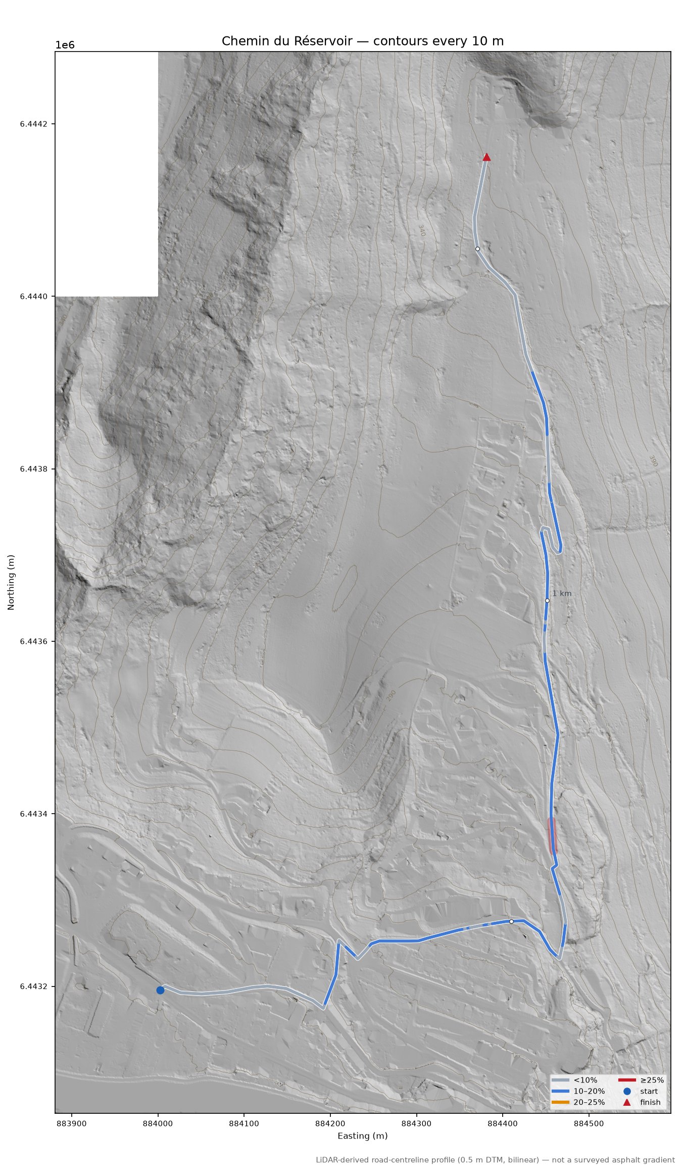 Chemin du Réservoir LiDAR hillshade map with contours