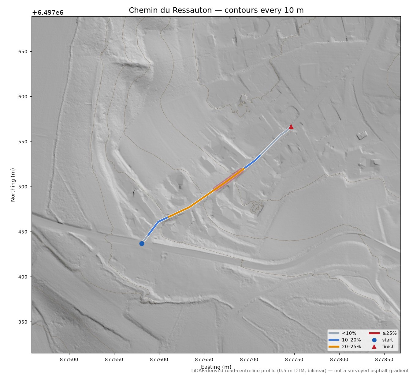 Chemin du Ressauton LiDAR hillshade map with contours