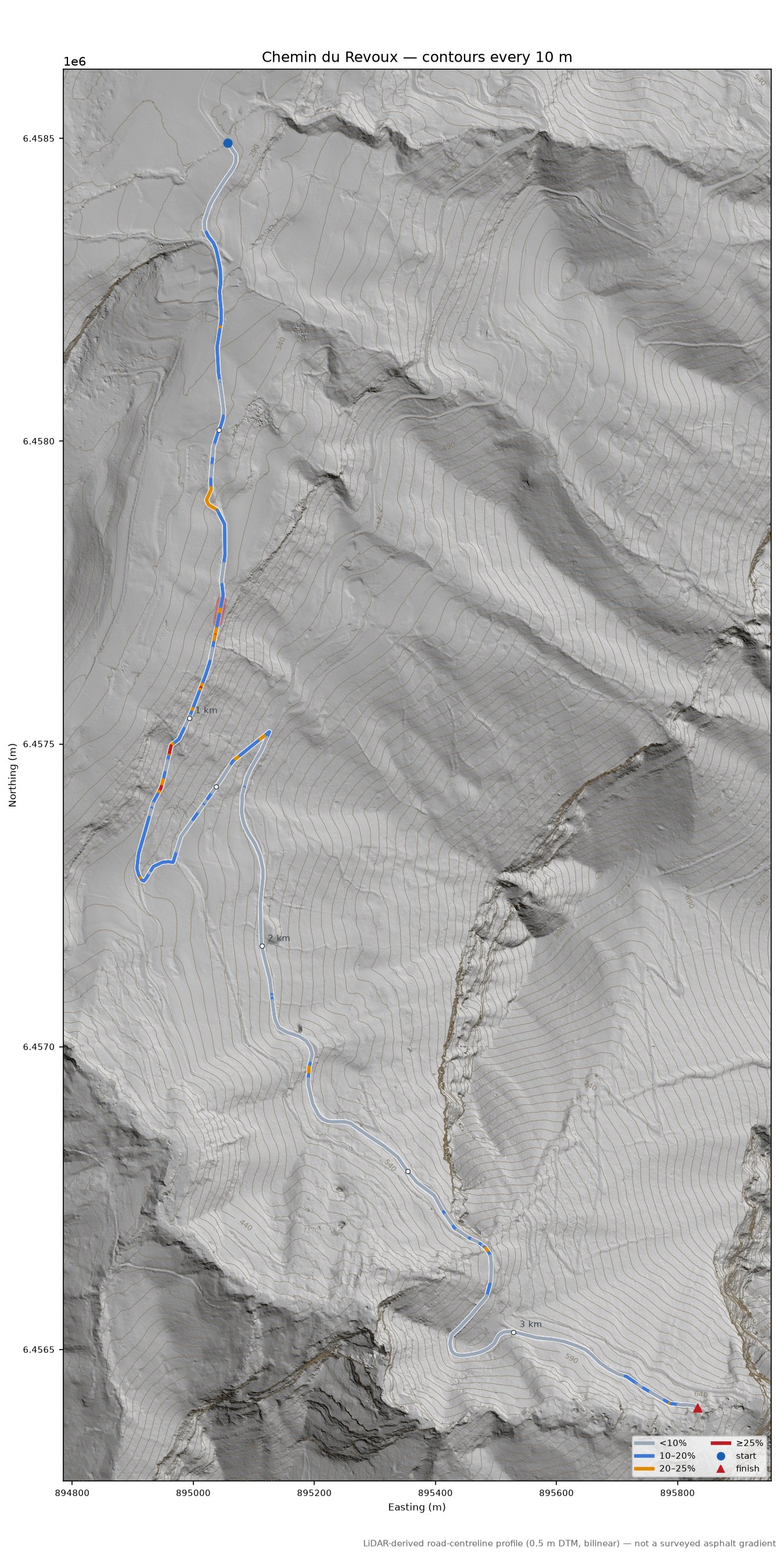 Chemin du Revoux LiDAR hillshade map with contours