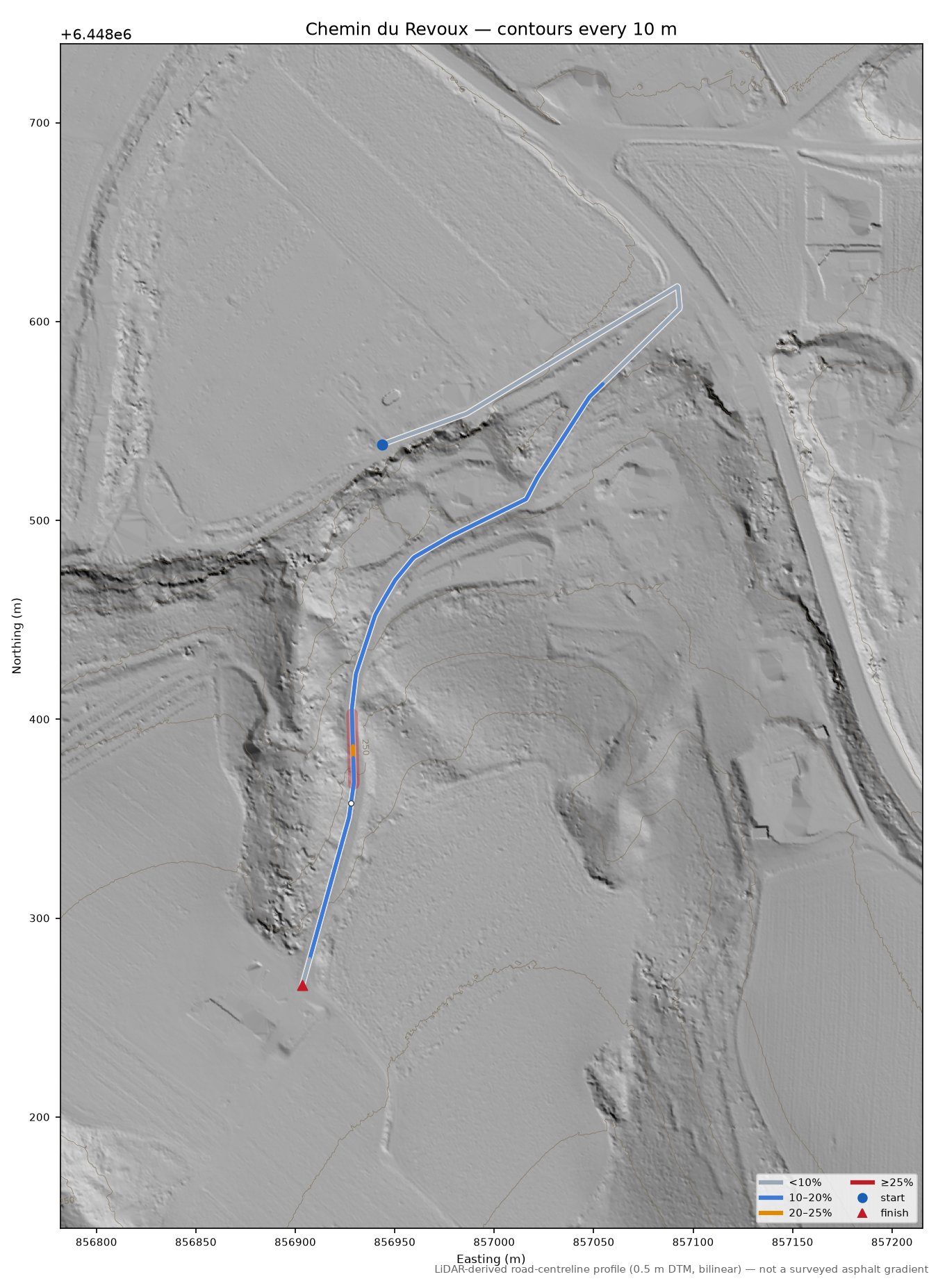 Chemin du Revoux LiDAR hillshade map with contours