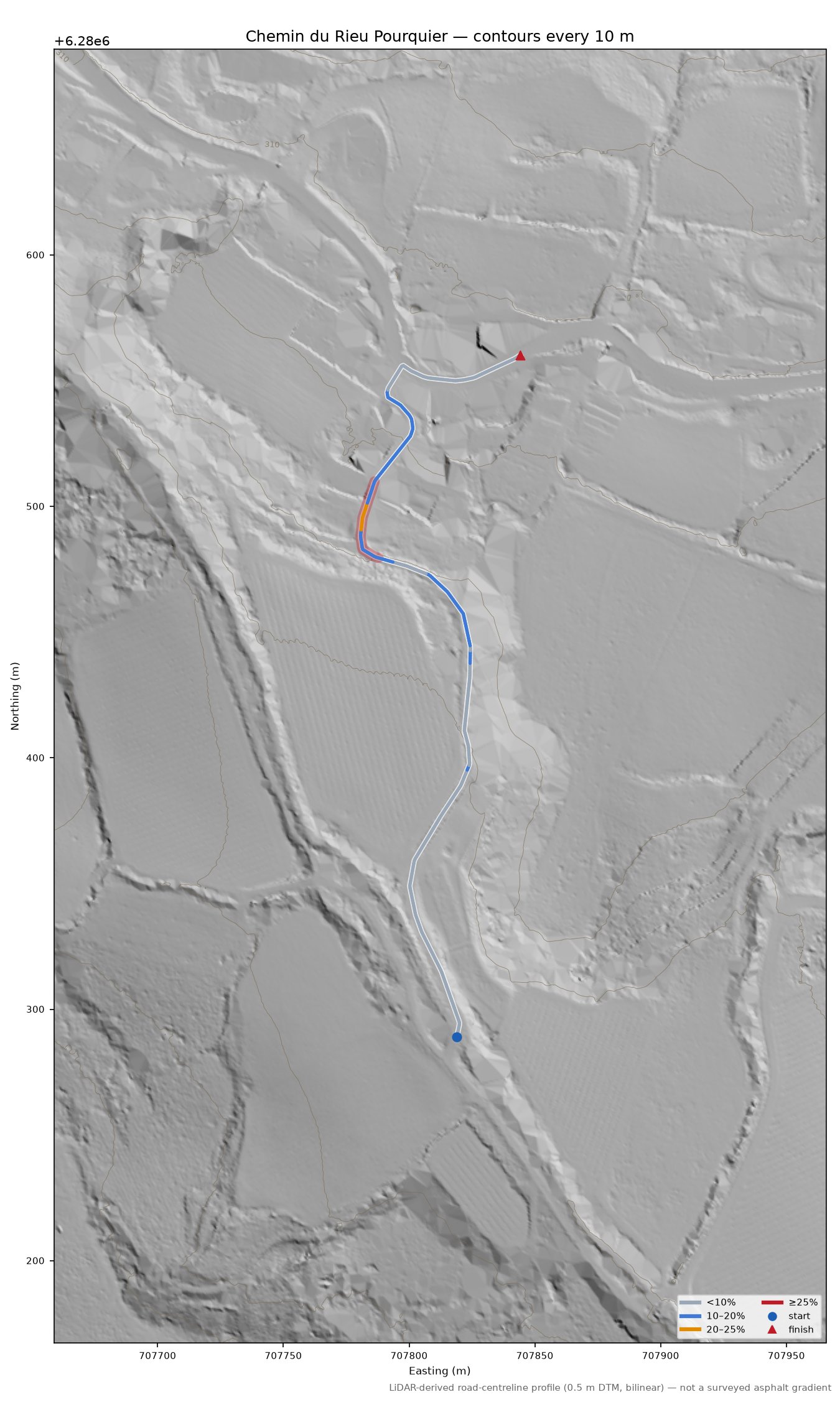 Chemin du Rieu Pourquier LiDAR hillshade map with contours