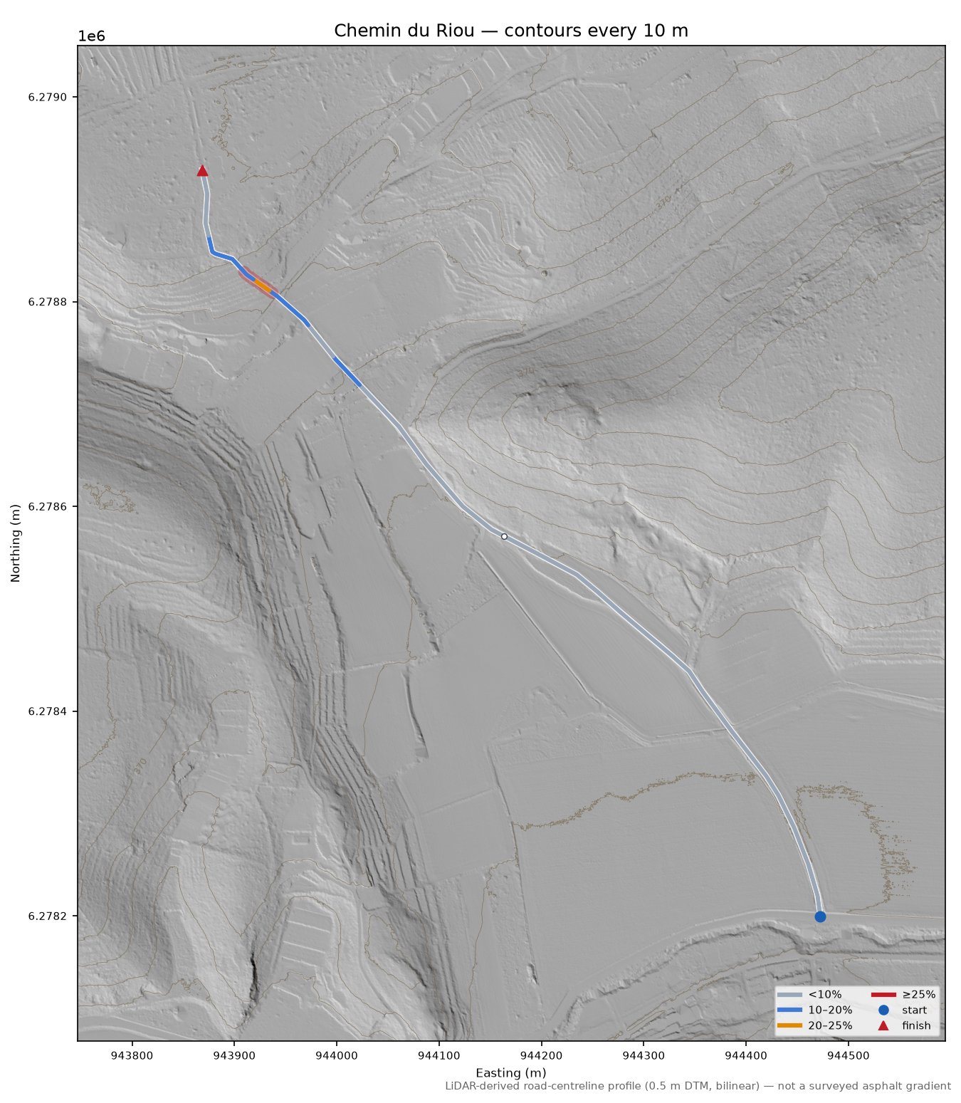 Chemin du Riou LiDAR hillshade map with contours