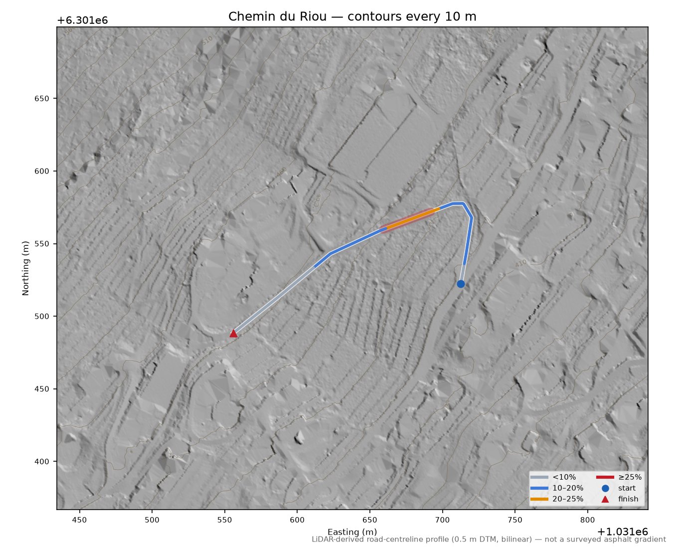 Chemin du Riou LiDAR hillshade map with contours
