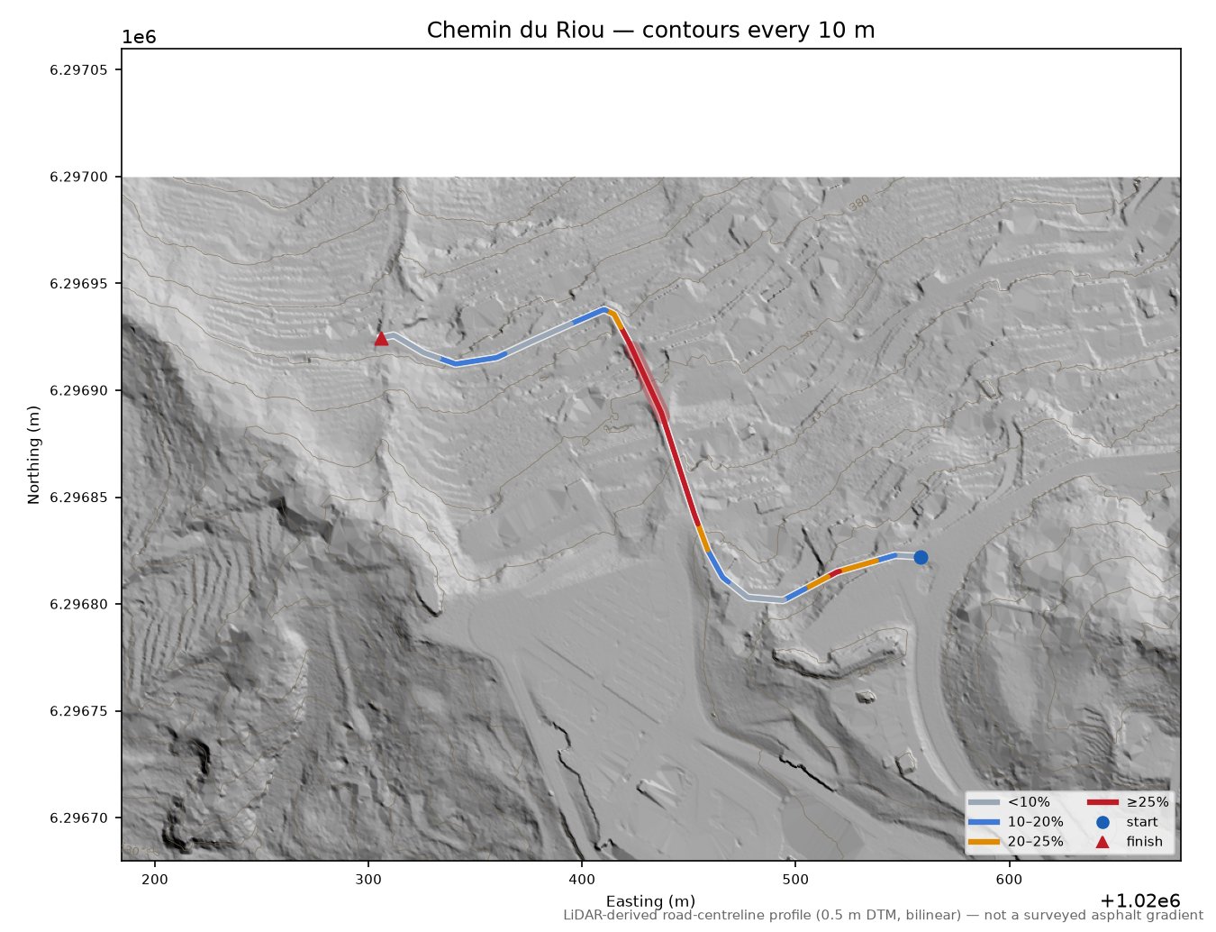 Chemin du Riou LiDAR hillshade map with contours