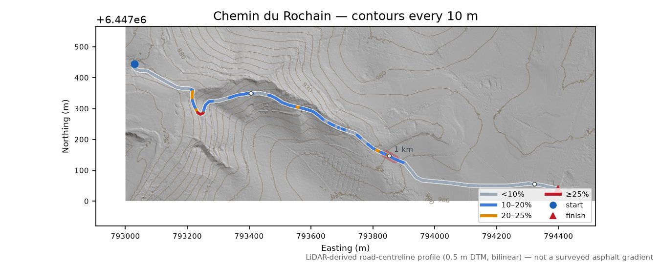 Chemin du Rochain LiDAR hillshade map with contours