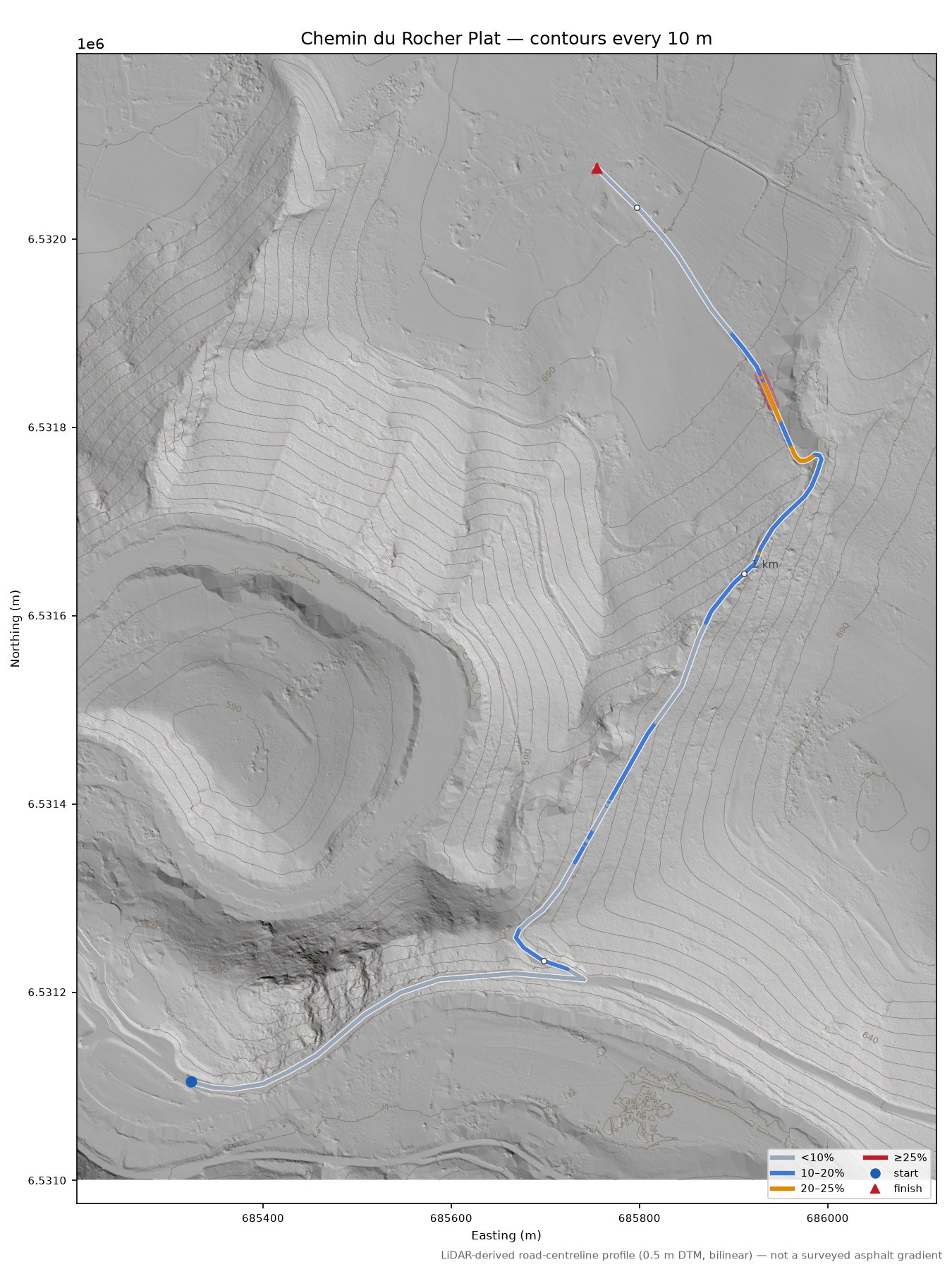 Chemin du Rocher Plat LiDAR hillshade map with contours
