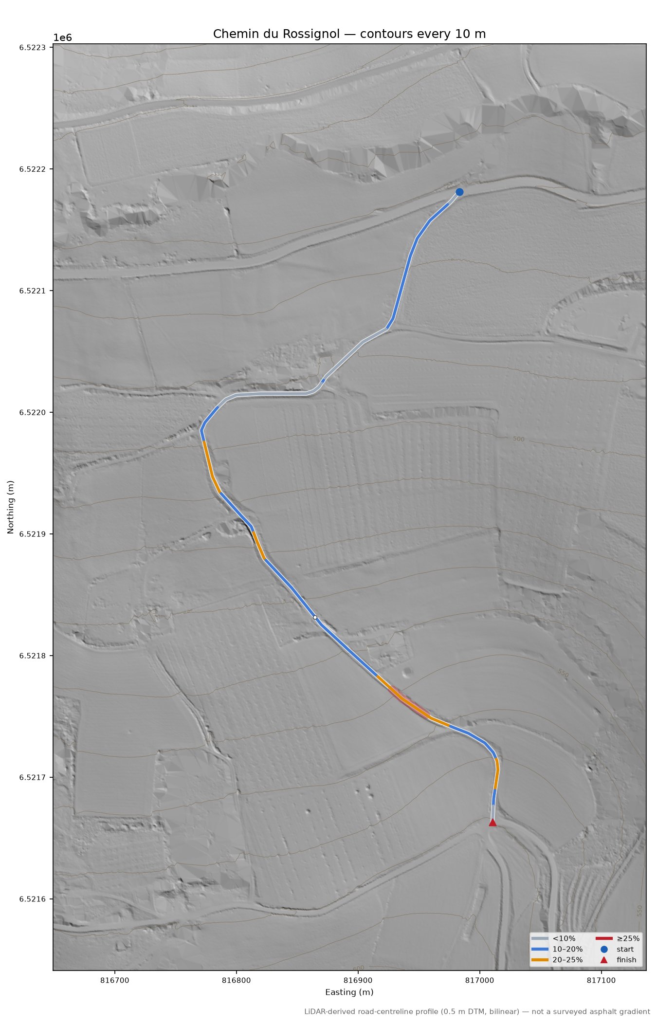 Chemin du Rossignol LiDAR hillshade map with contours