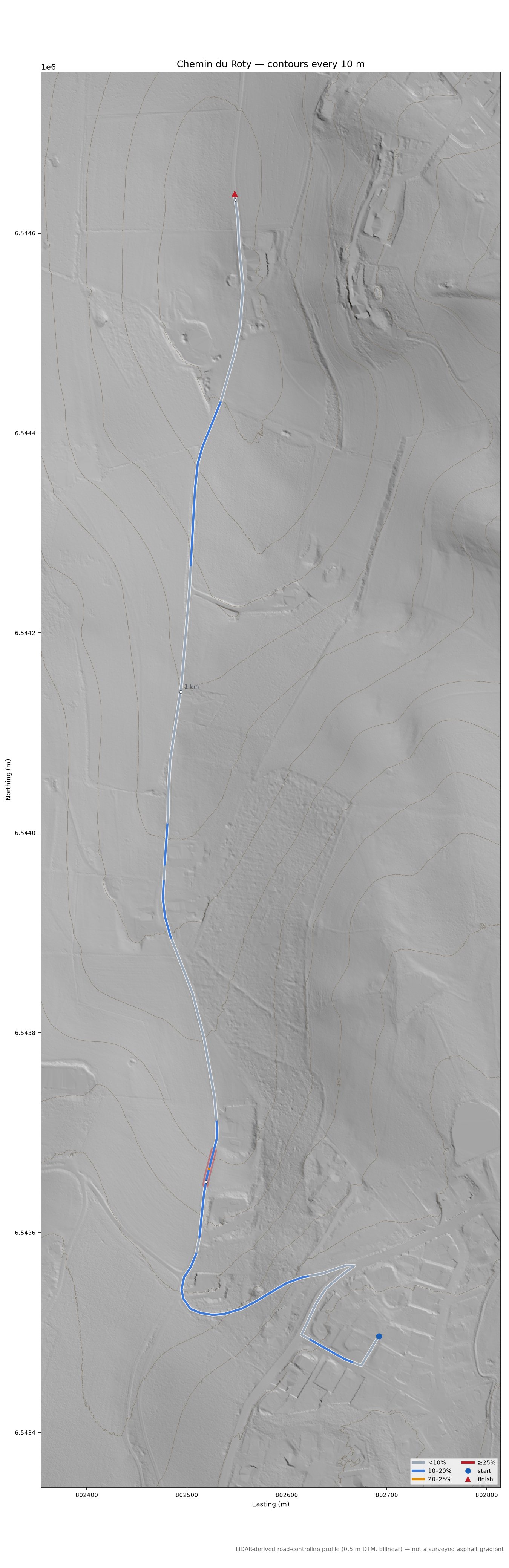 Chemin du Roty LiDAR hillshade map with contours