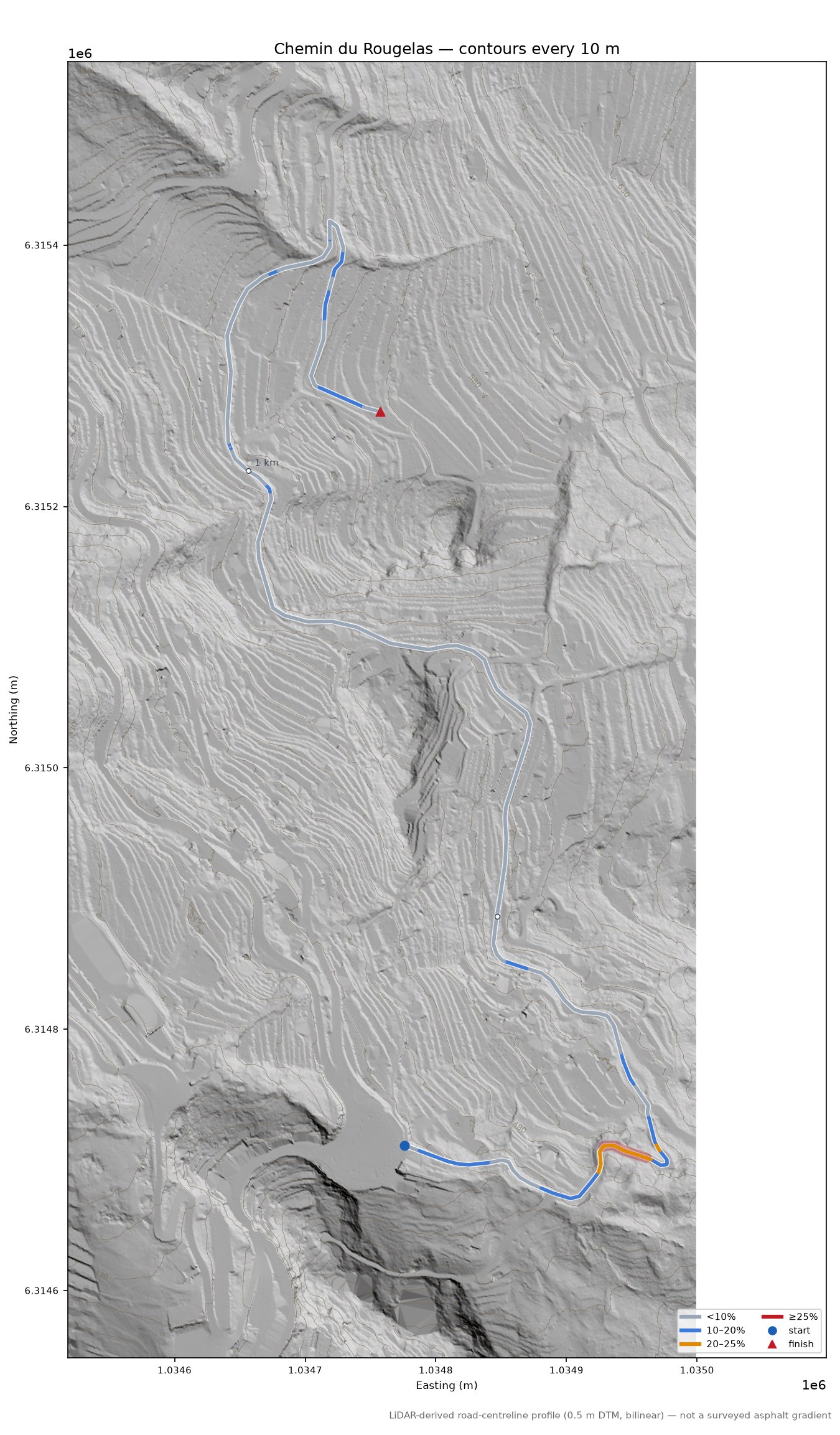 Chemin du Rougelas LiDAR hillshade map with contours
