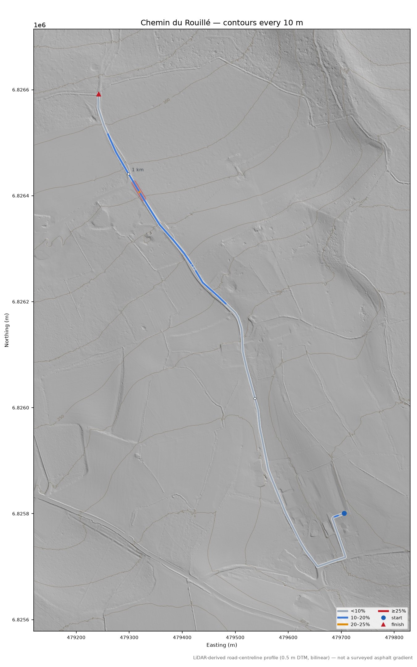 Chemin du Rouillé LiDAR hillshade map with contours