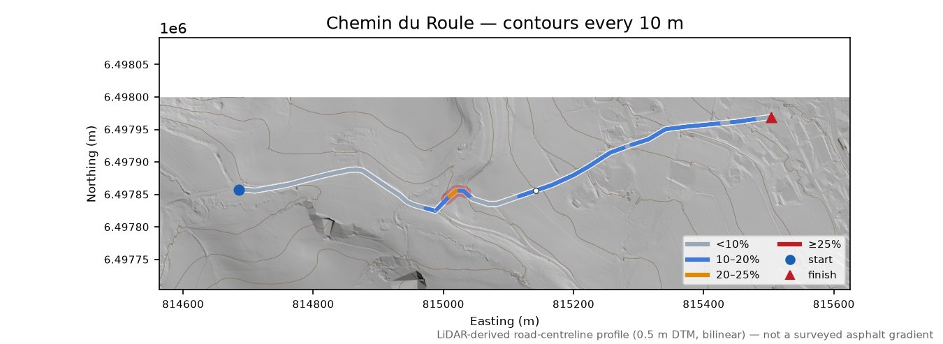 Chemin du Roule LiDAR hillshade map with contours