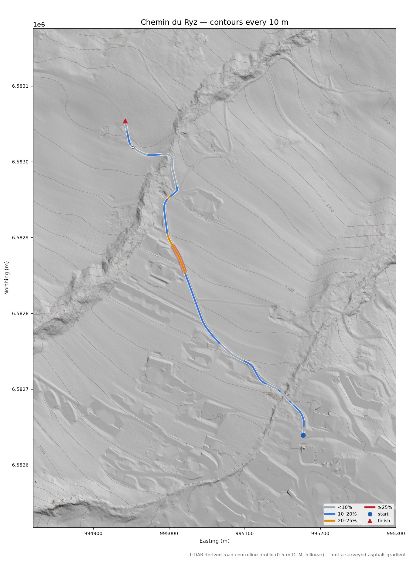 Chemin du Ryz LiDAR hillshade map with contours
