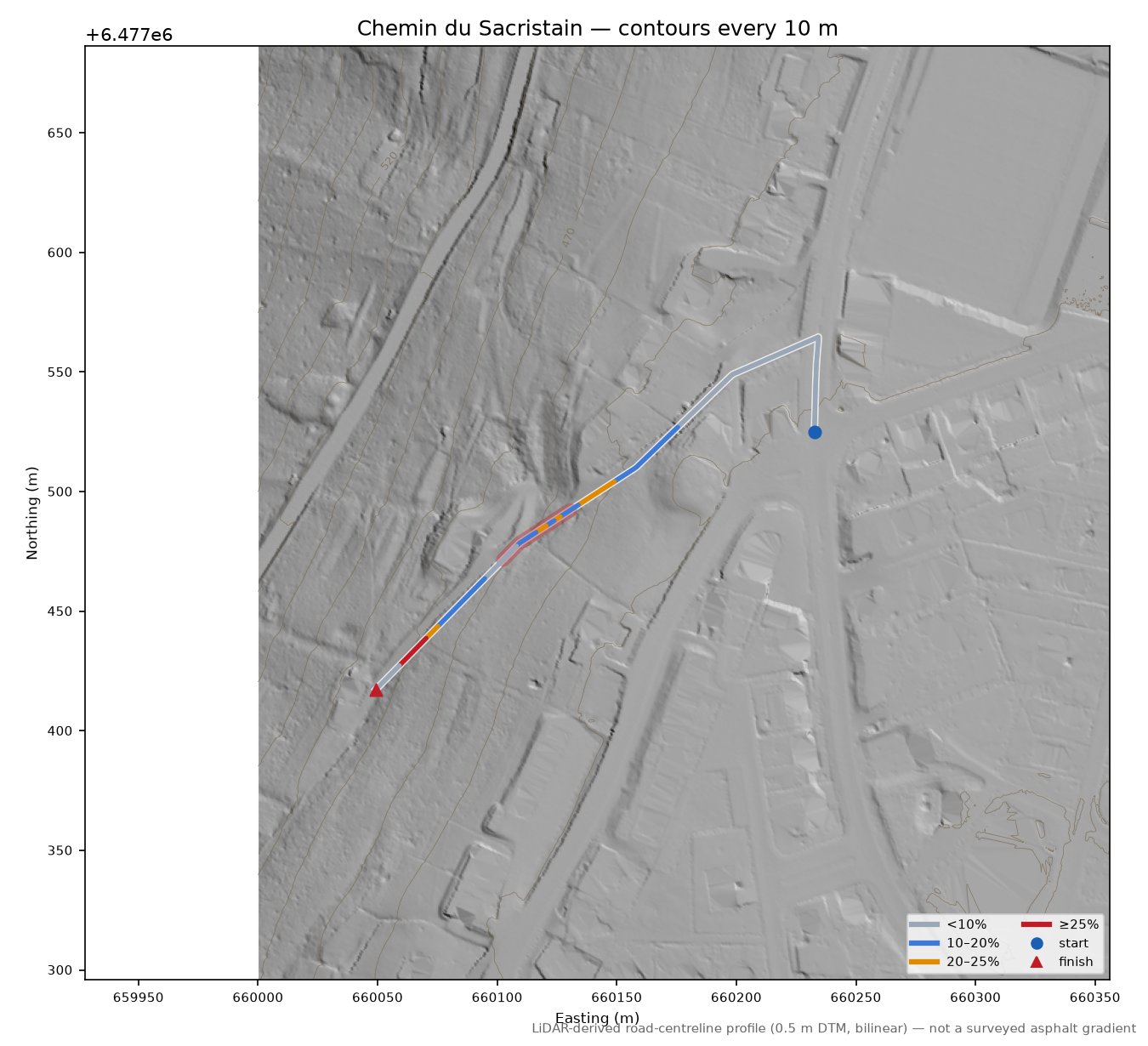 Chemin du Sacristain LiDAR hillshade map with contours