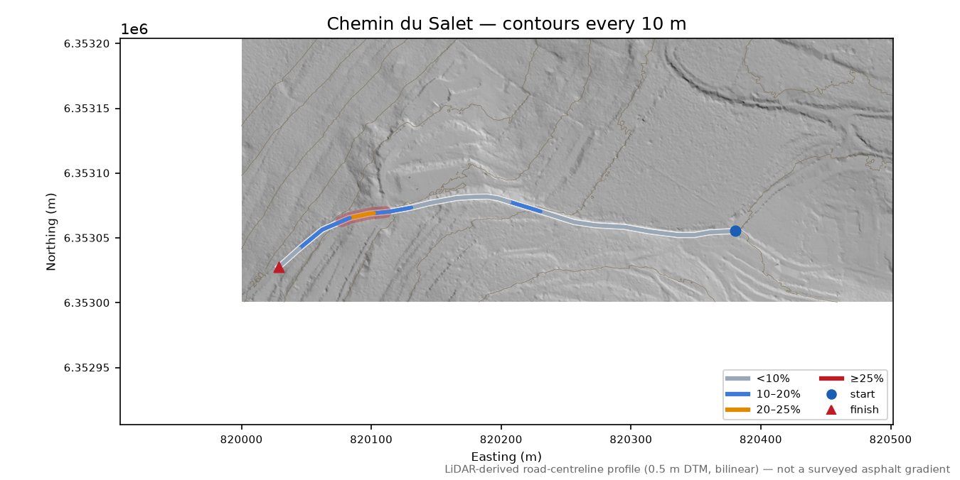 Chemin du Salet LiDAR hillshade map with contours