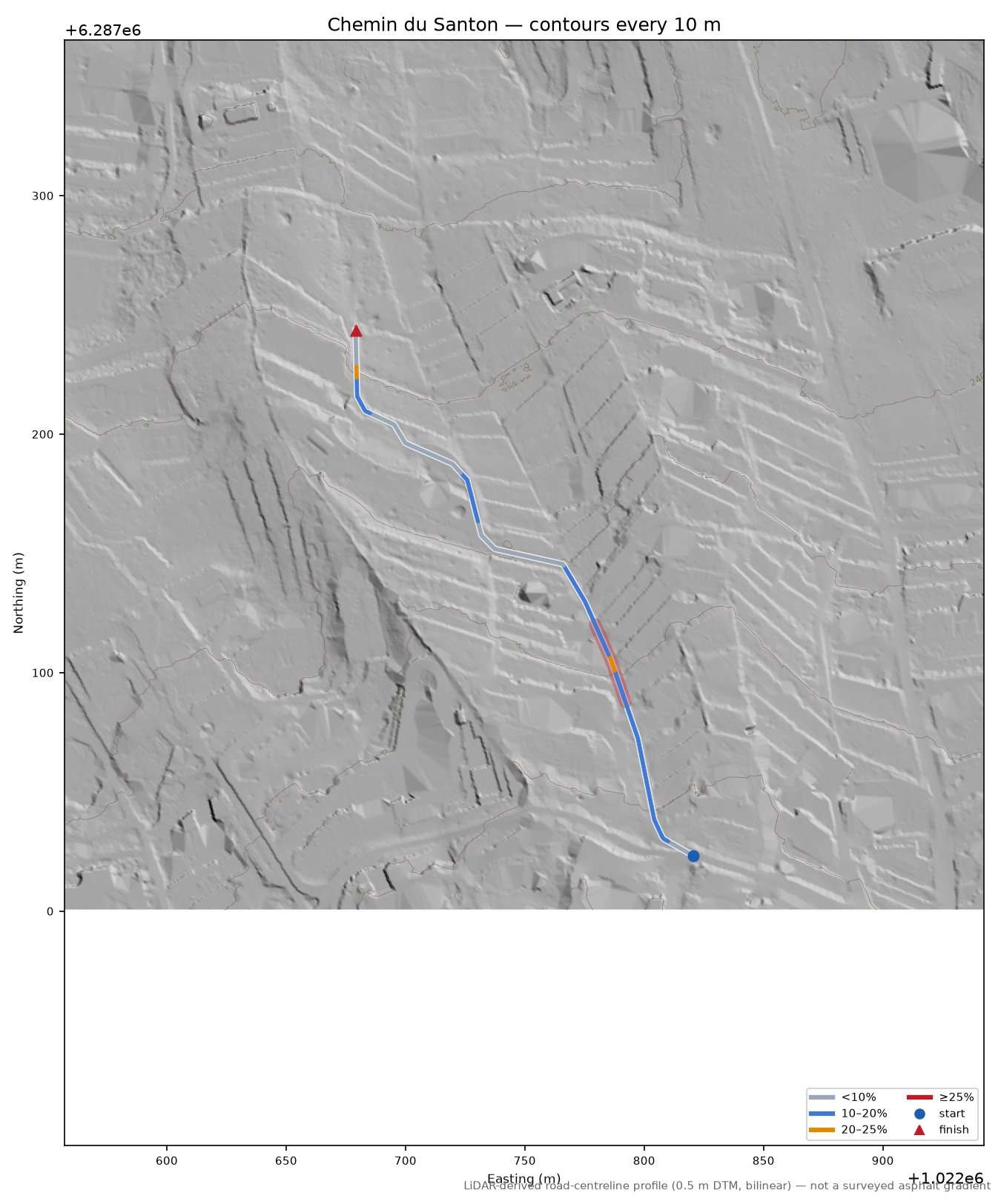 Chemin du Santon LiDAR hillshade map with contours