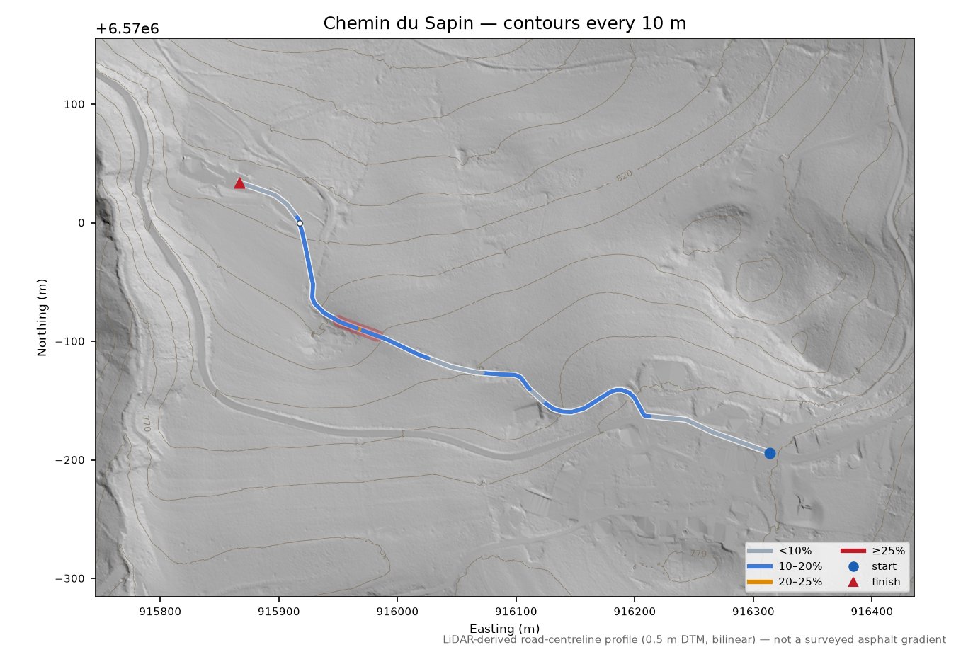 Chemin du Sapin LiDAR hillshade map with contours