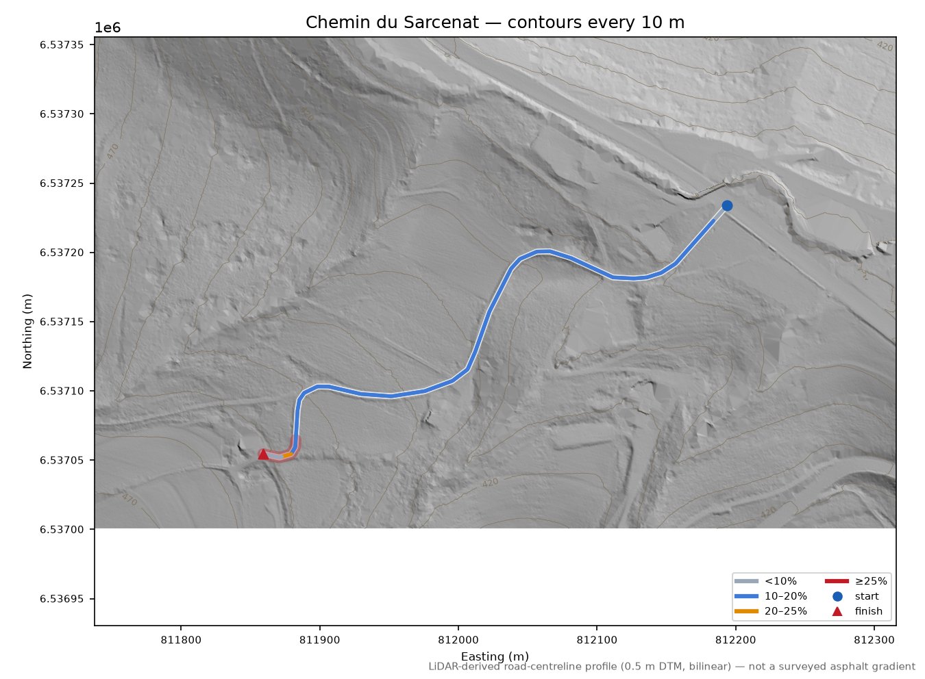 Chemin du Sarcenat LiDAR hillshade map with contours