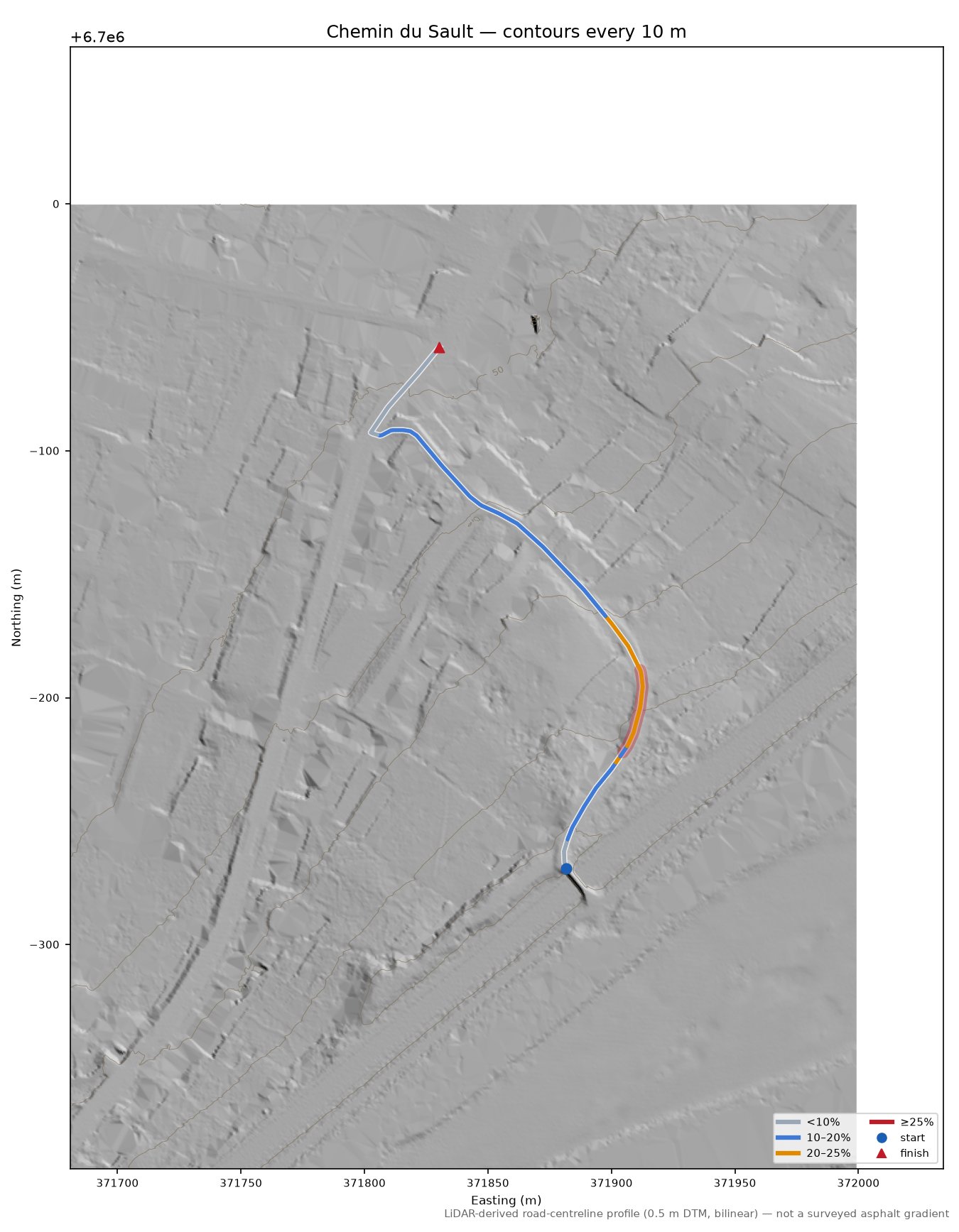 Chemin du Sault LiDAR hillshade map with contours