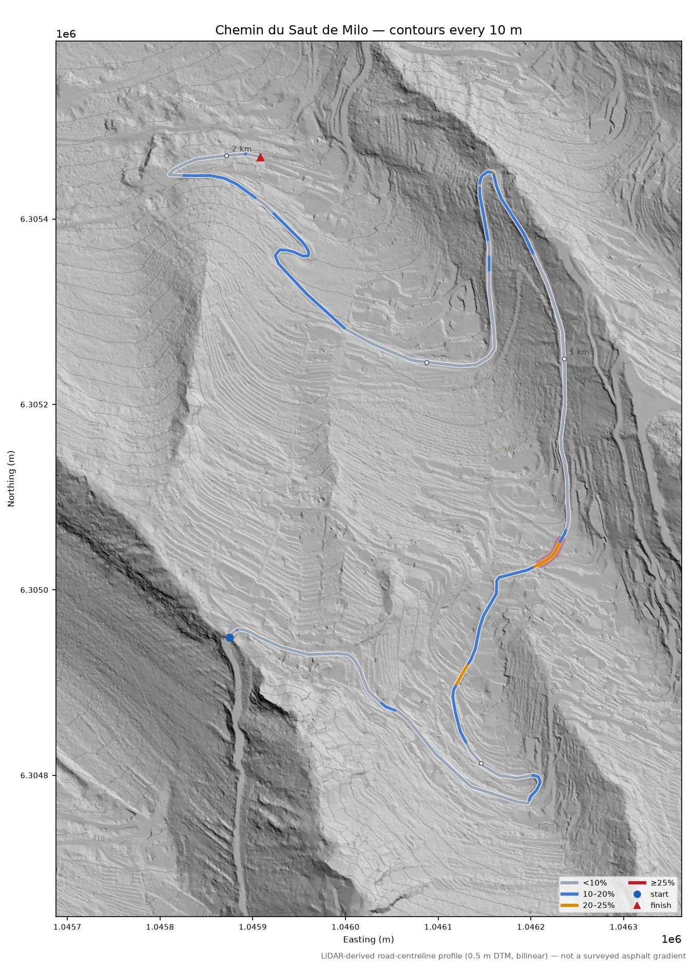Chemin du Saut de Milo LiDAR hillshade map with contours