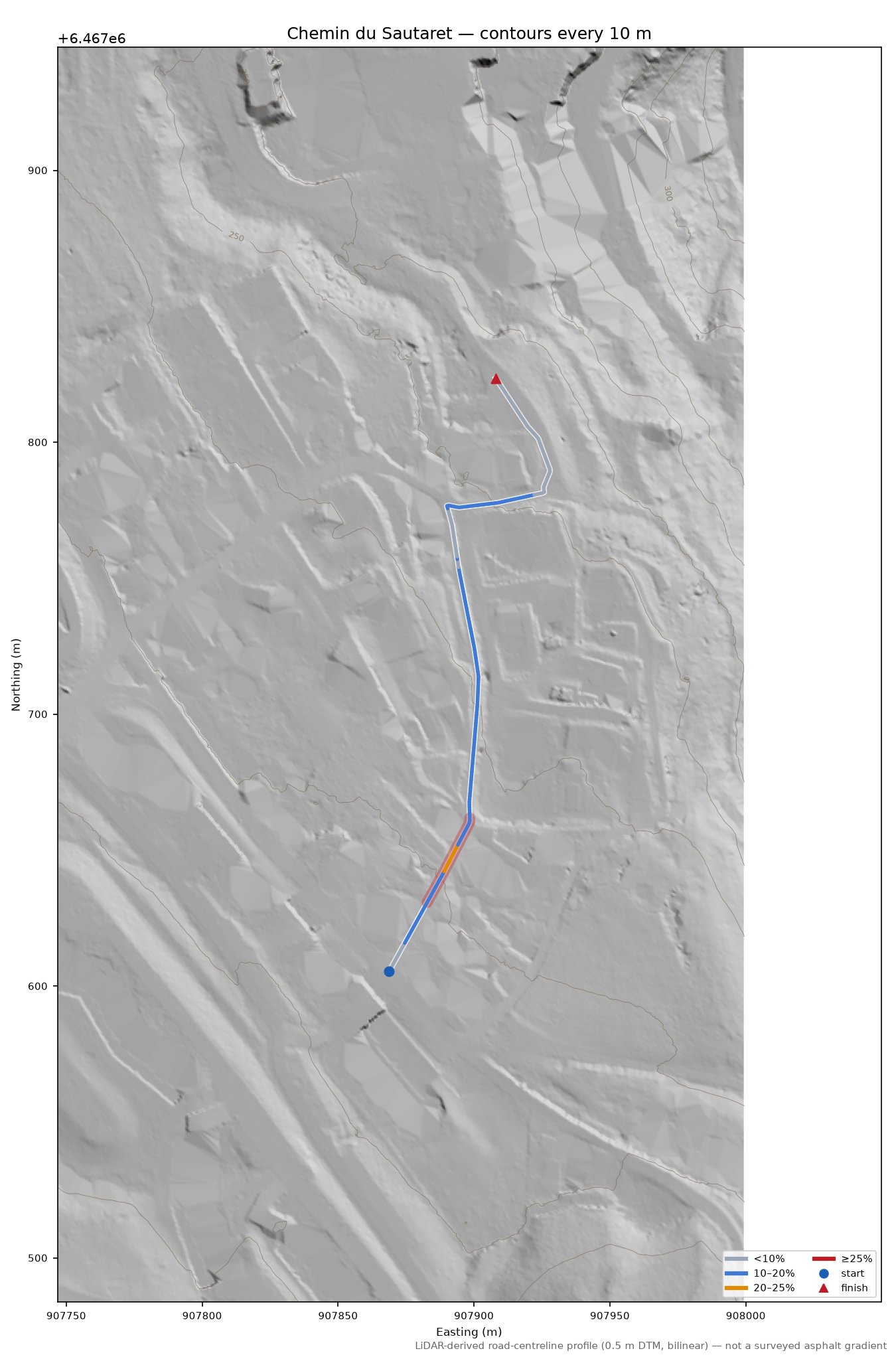 Chemin du Sautaret LiDAR hillshade map with contours