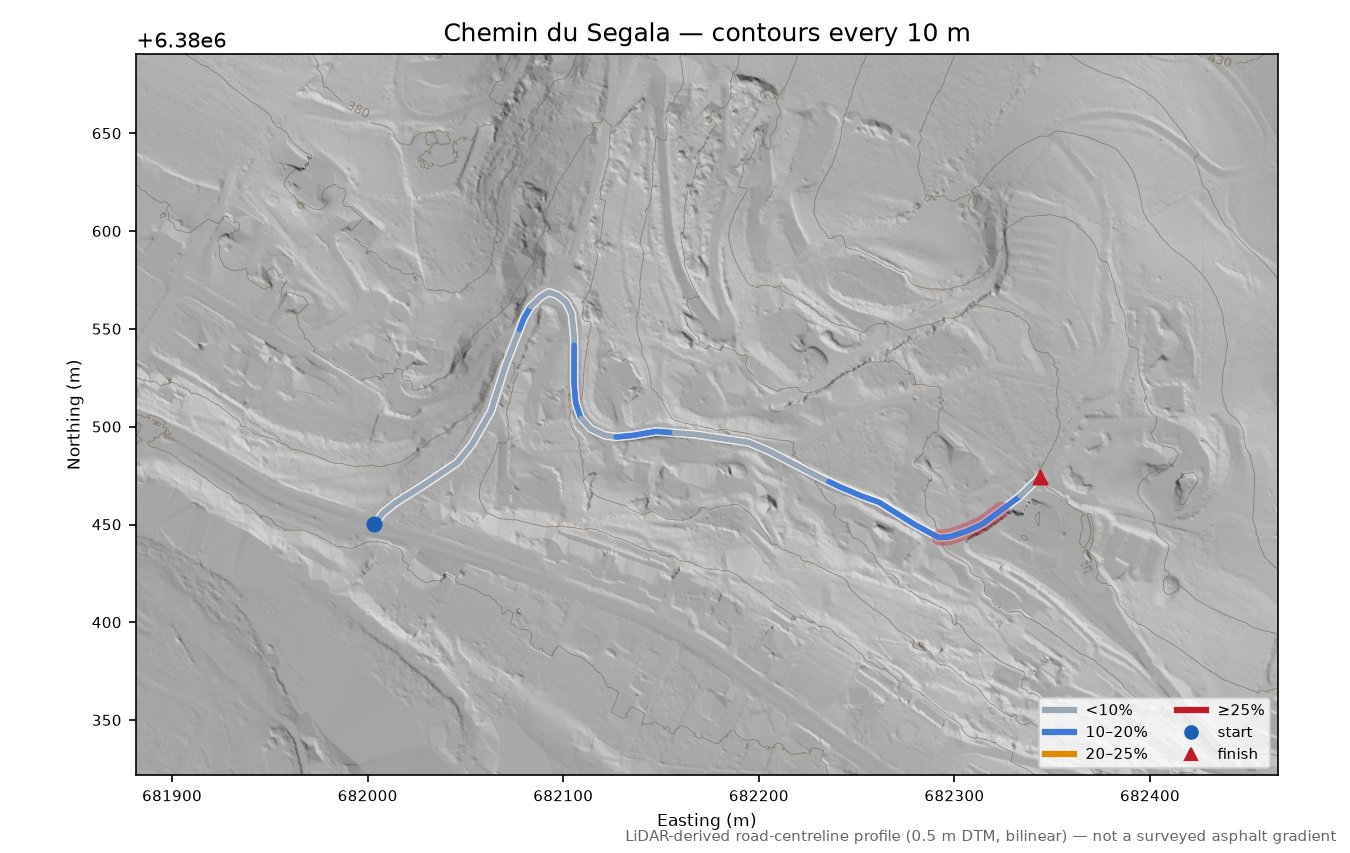 Chemin du Segala LiDAR hillshade map with contours