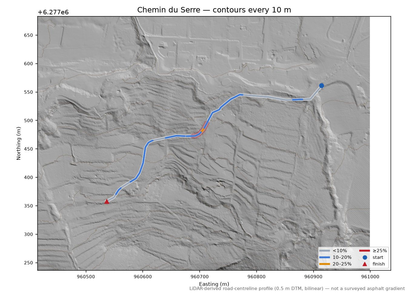 Chemin du Serre LiDAR hillshade map with contours