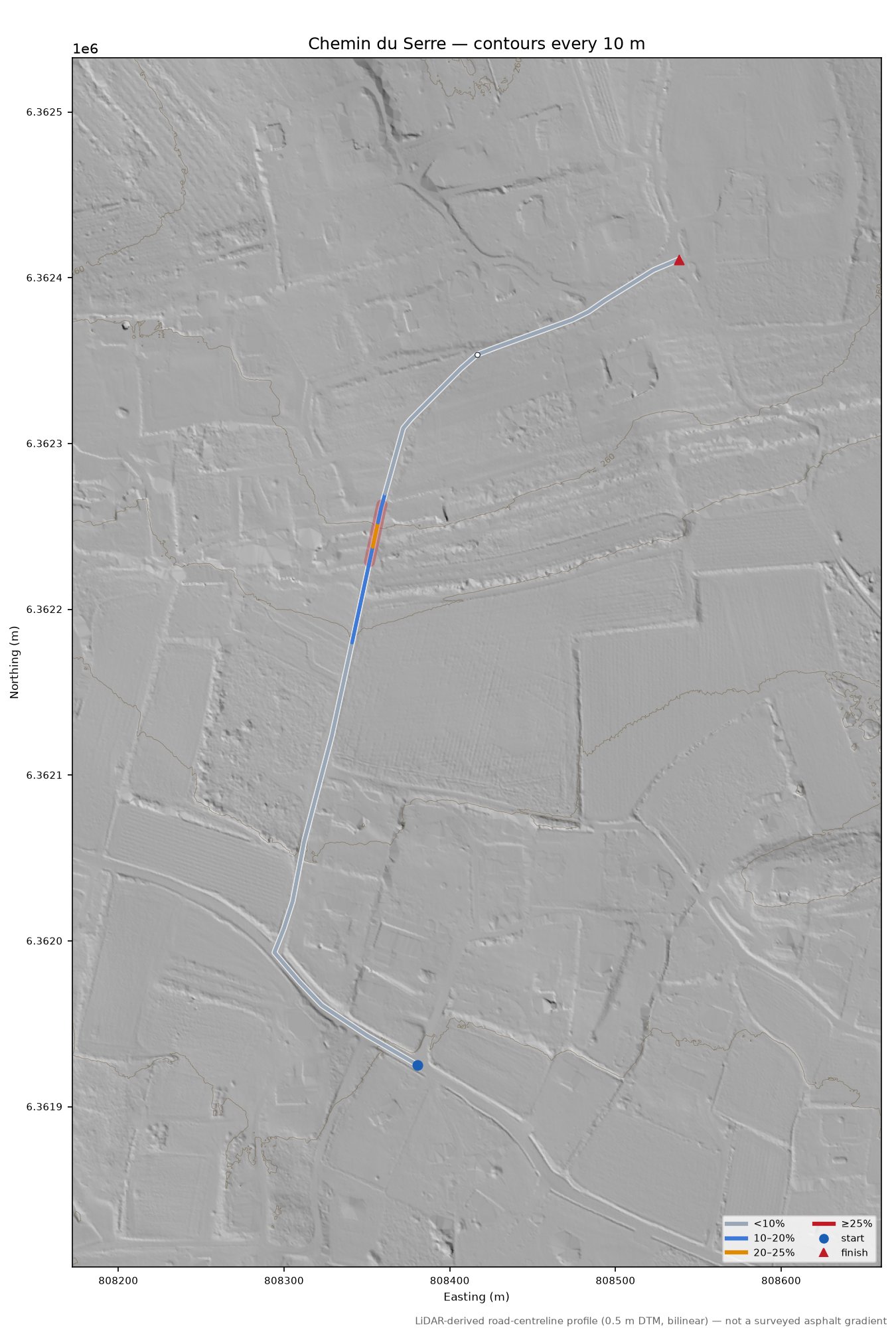 Chemin du Serre LiDAR hillshade map with contours