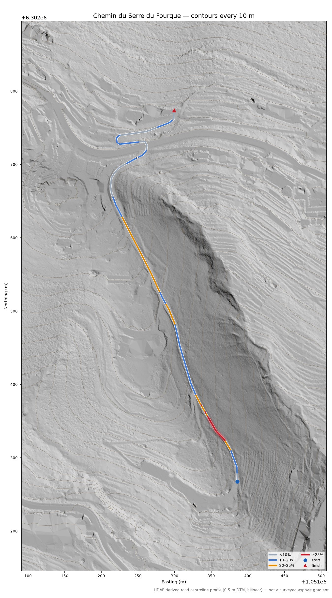 Chemin du Serre du Fourque LiDAR hillshade map with contours
