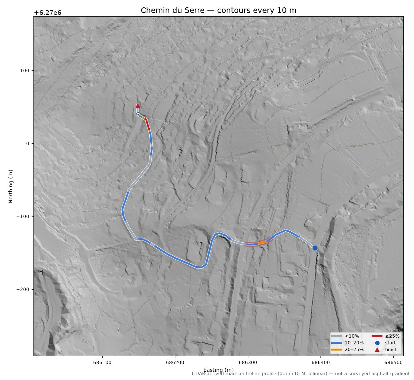 Chemin du Serre LiDAR hillshade map with contours