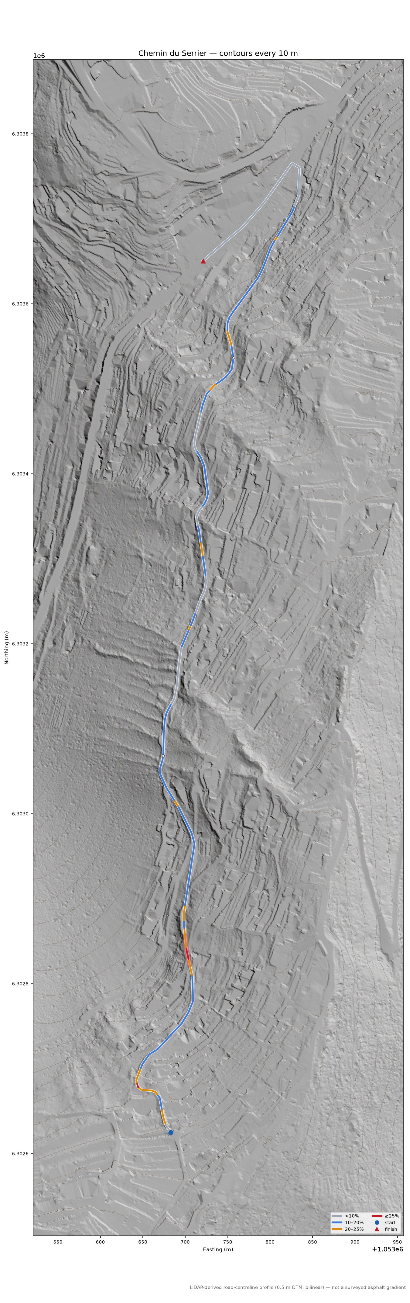 Chemin du Serrier LiDAR hillshade map with contours