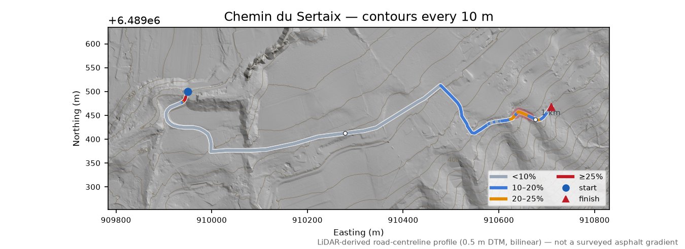 Chemin du Sertaix LiDAR hillshade map with contours