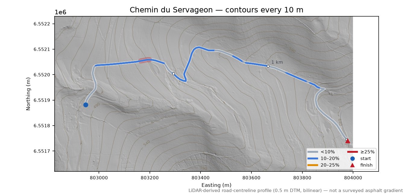Chemin du Servageon LiDAR hillshade map with contours