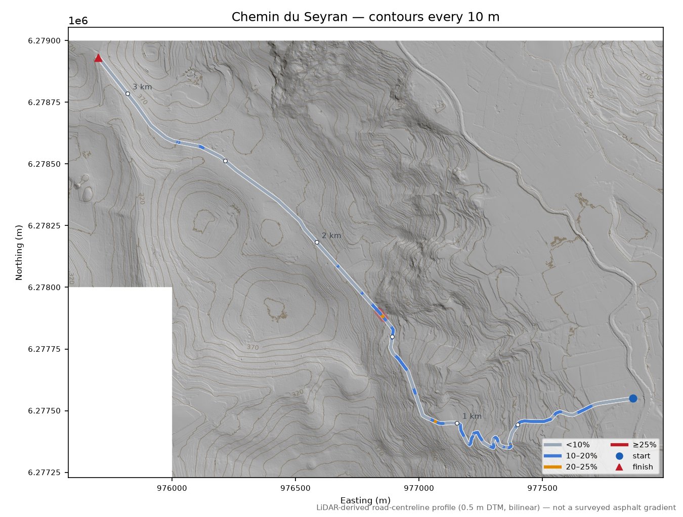 Chemin du Seyran LiDAR hillshade map with contours