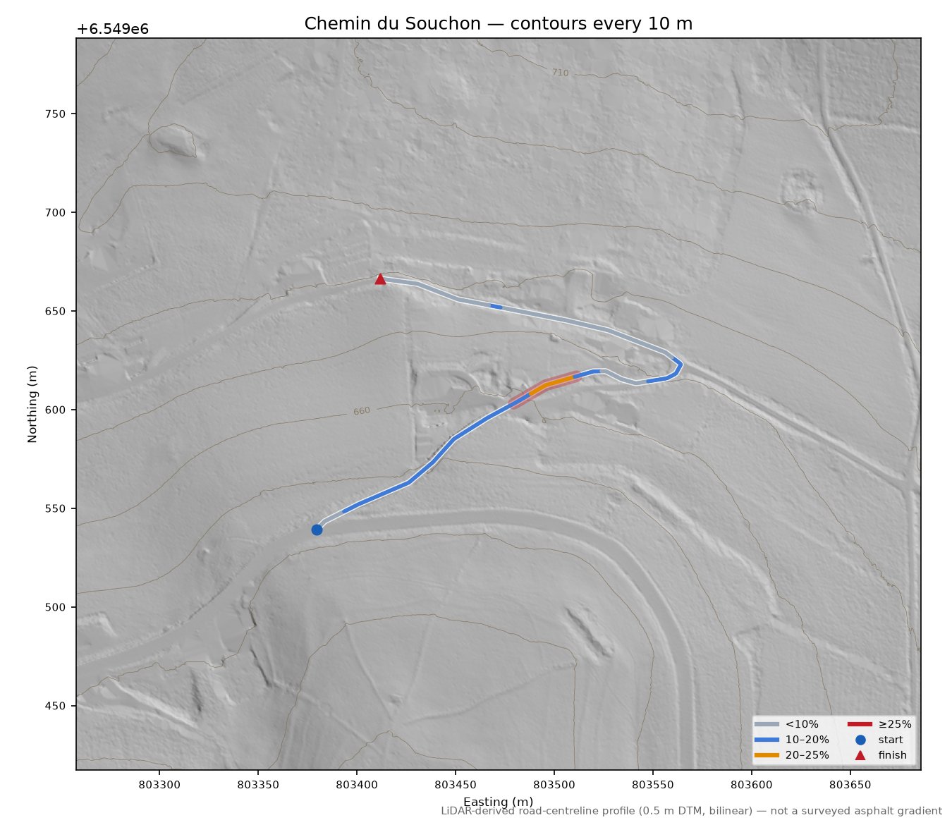 Chemin du Souchon LiDAR hillshade map with contours