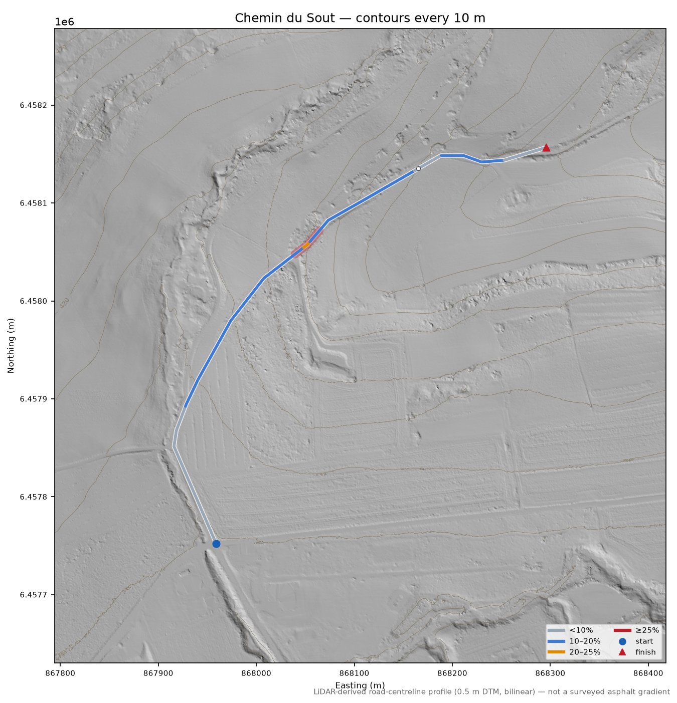Chemin du Sout LiDAR hillshade map with contours