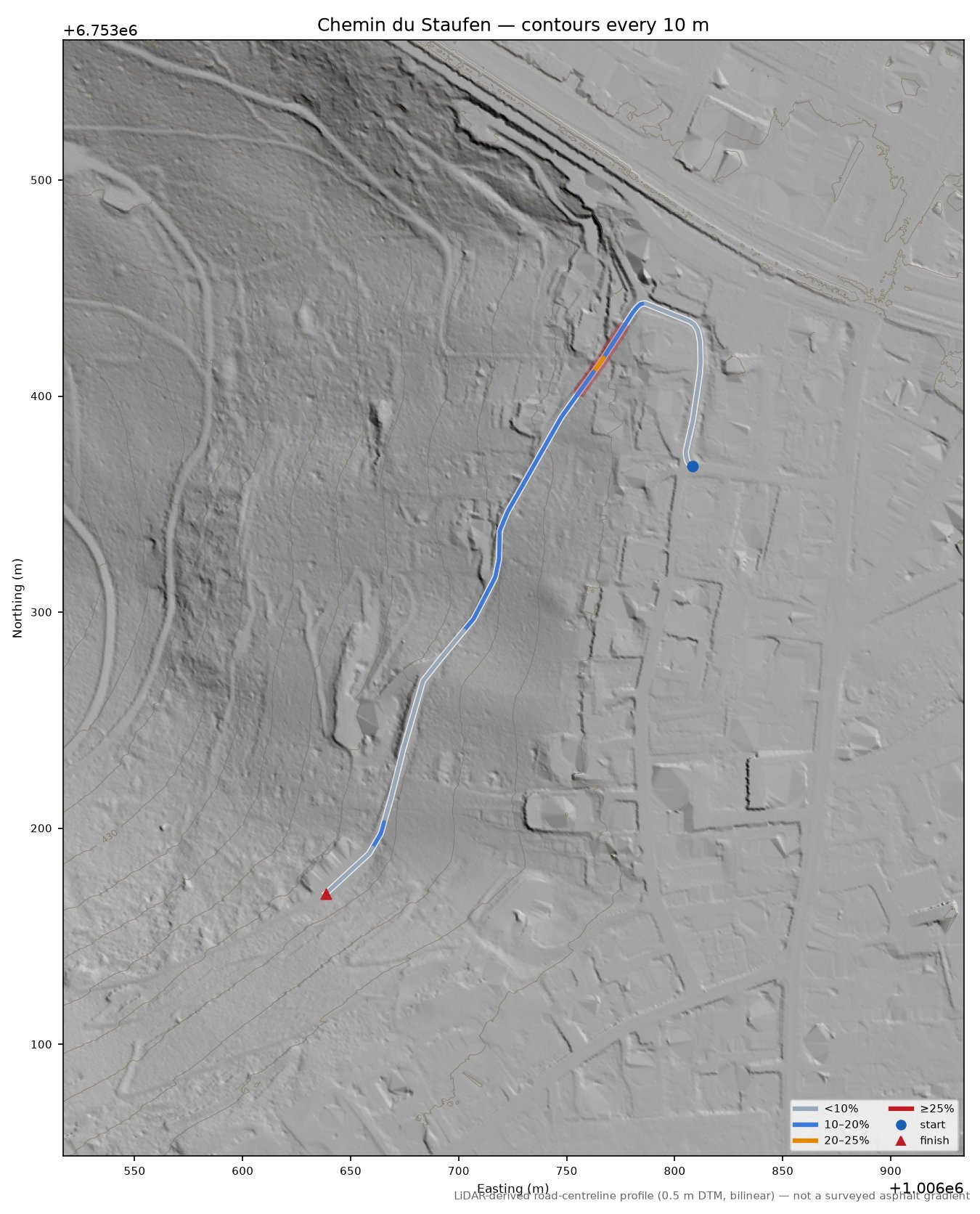 Chemin du Staufen LiDAR hillshade map with contours
