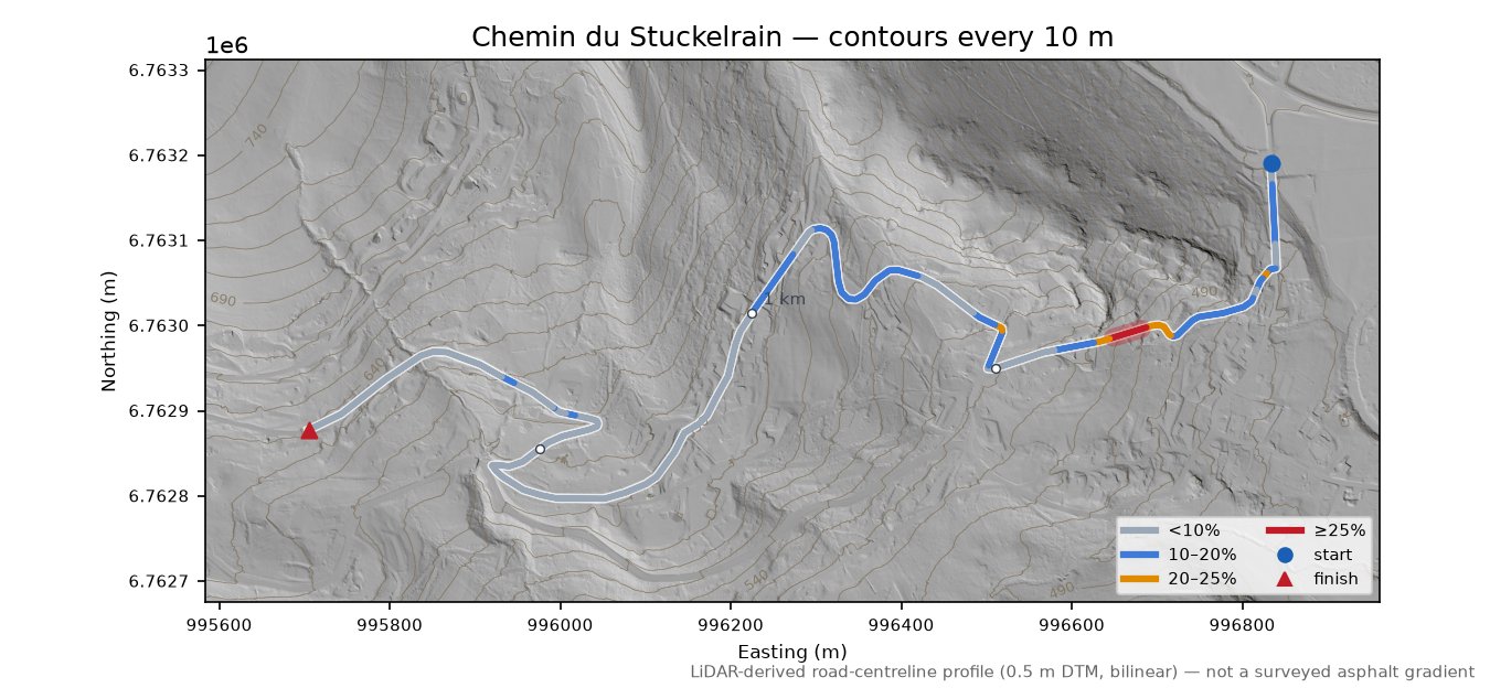 Chemin du Stuckelrain LiDAR hillshade map with contours