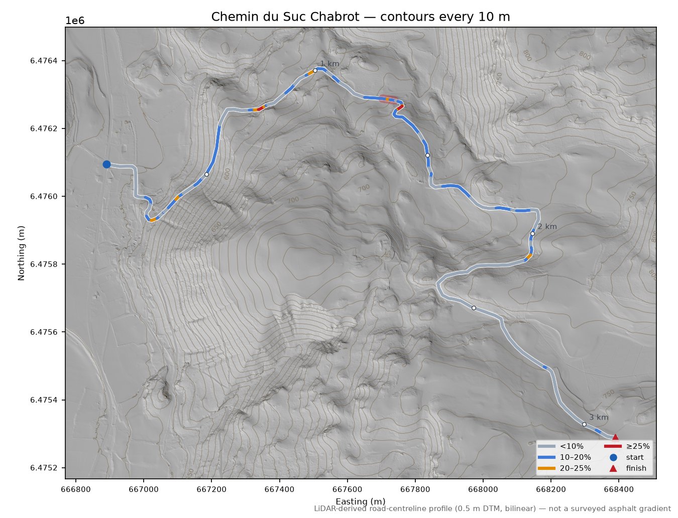 Chemin du Suc Chabrot LiDAR hillshade map with contours