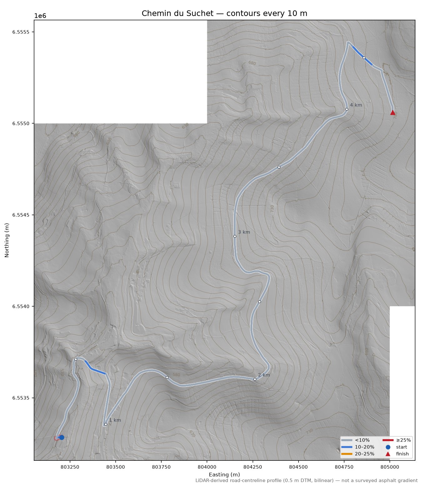 Chemin du Suchet LiDAR hillshade map with contours