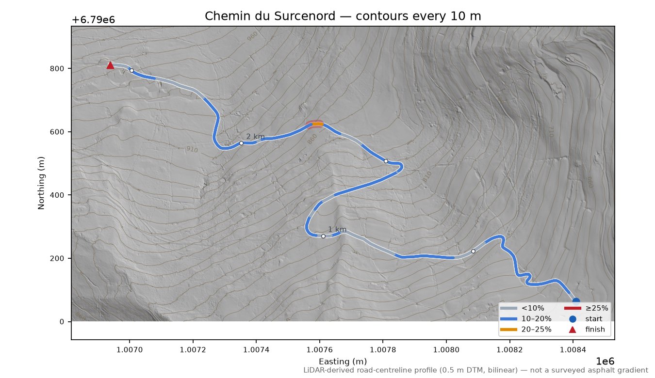 Chemin du Surcenord LiDAR hillshade map with contours