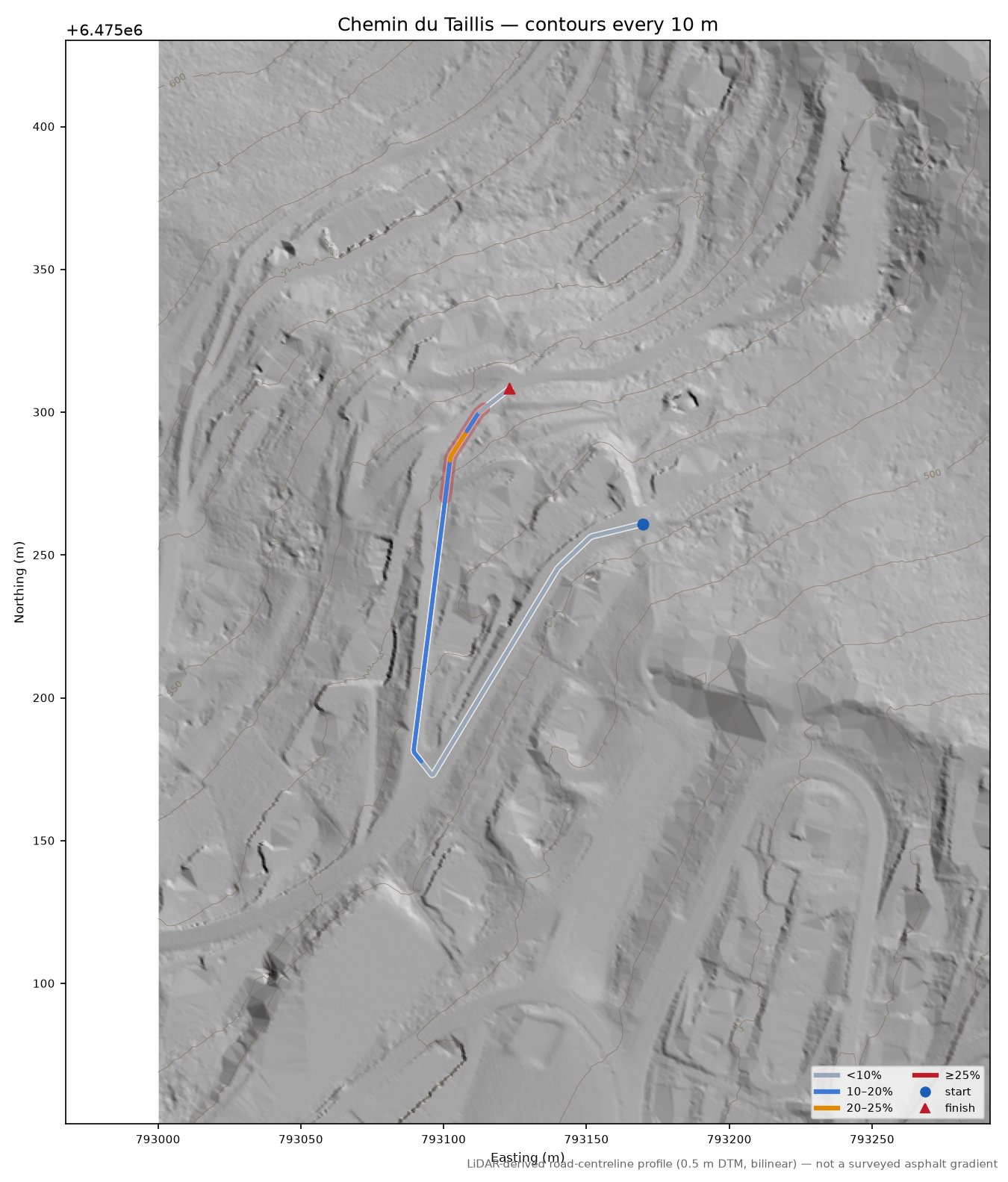 Chemin du Taillis LiDAR hillshade map with contours