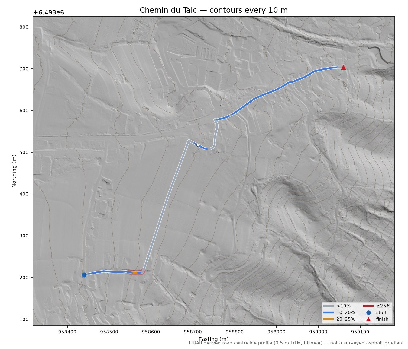 Chemin du Talc LiDAR hillshade map with contours