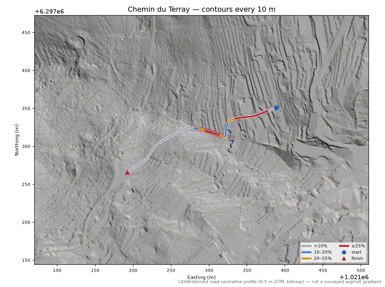 Chemin du Terray LiDAR hillshade map with contours