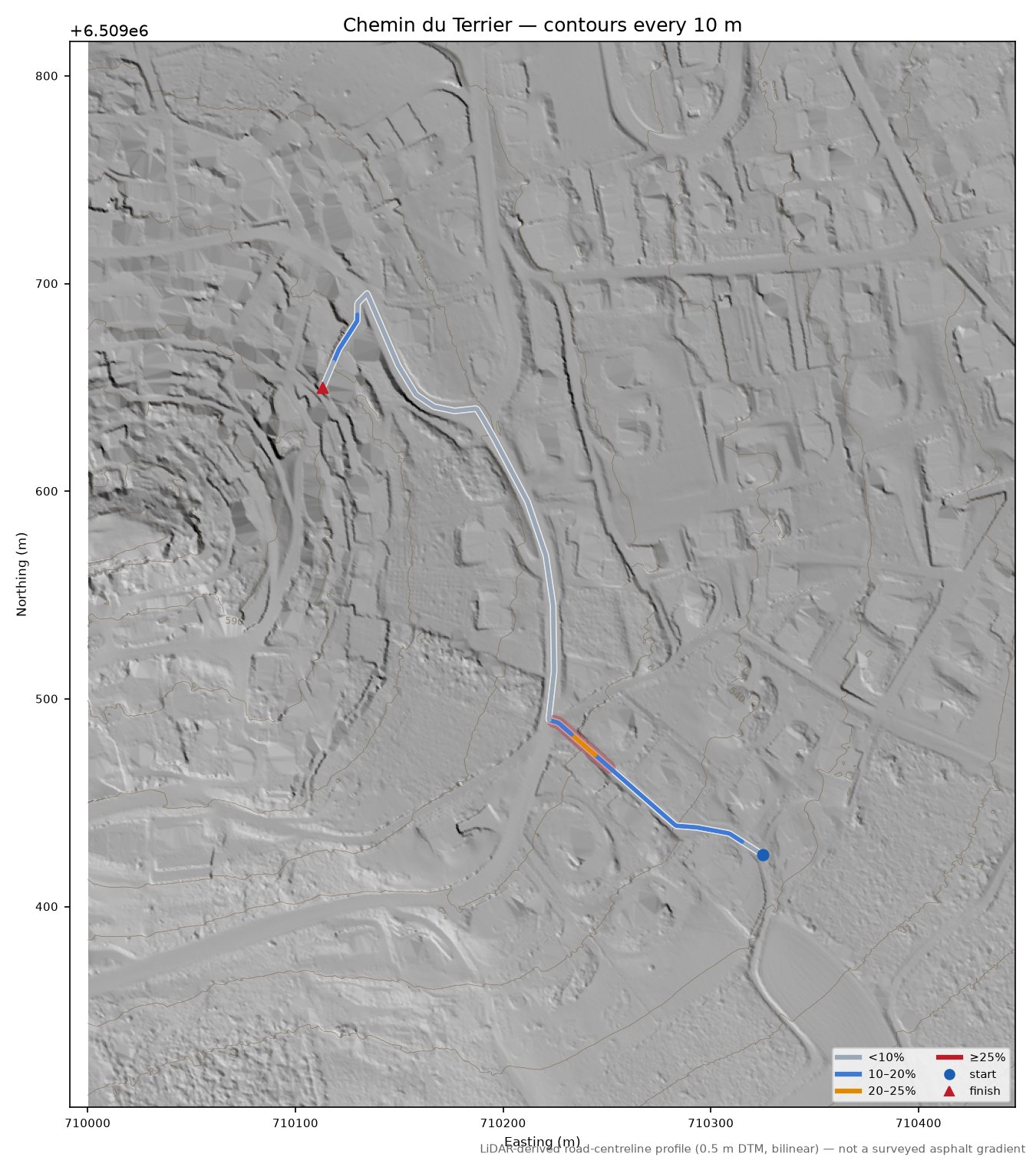 Chemin du Terrier LiDAR hillshade map with contours
