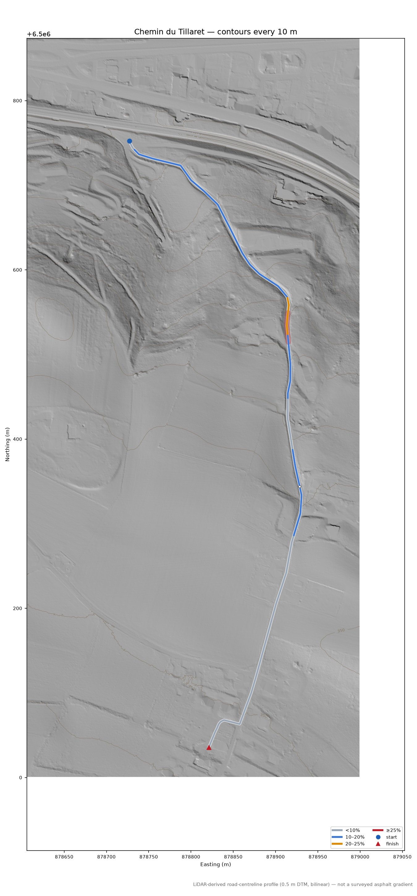 Chemin du Tillaret LiDAR hillshade map with contours