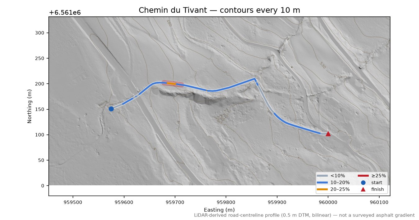 Chemin du Tivant LiDAR hillshade map with contours