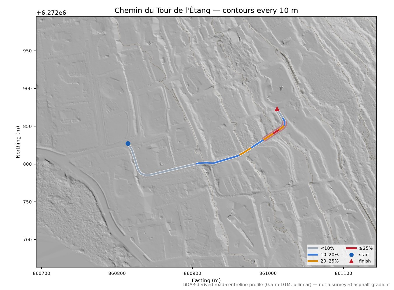 Chemin du Tour de l'Étang LiDAR hillshade map with contours