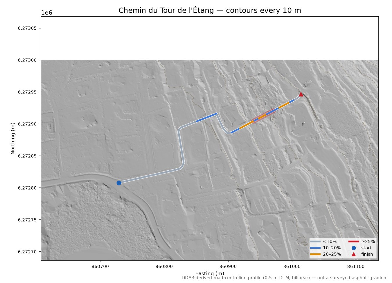 Chemin du Tour de l'Étang LiDAR hillshade map with contours