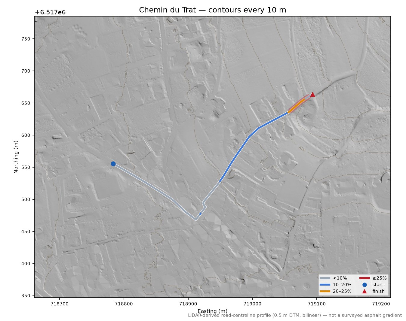 Chemin du Trat LiDAR hillshade map with contours