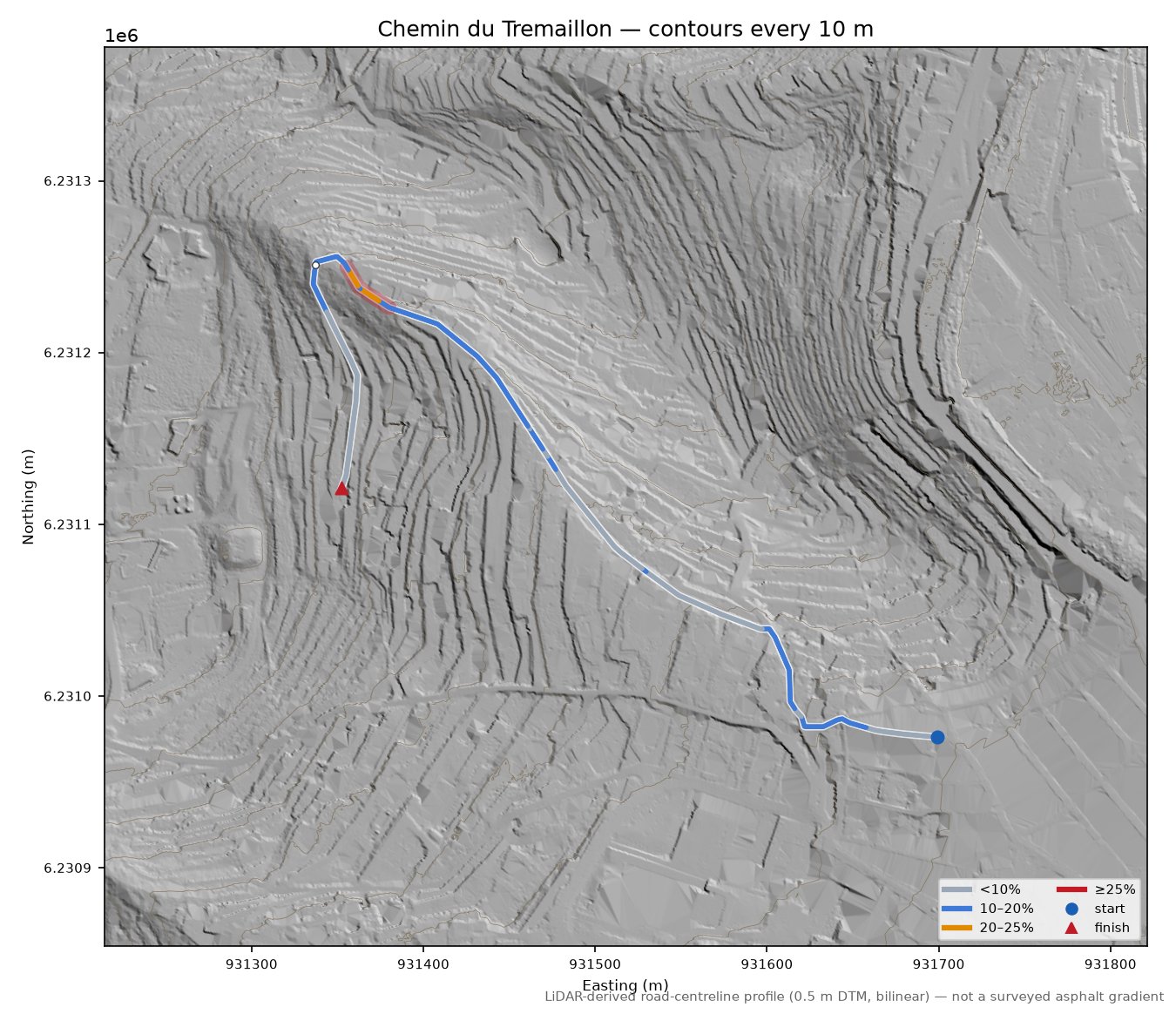 Chemin du Tremaillon LiDAR hillshade map with contours